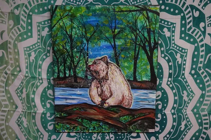 Bear Catching Wild Fish – Original Acrylic Canvas Wall Art 1