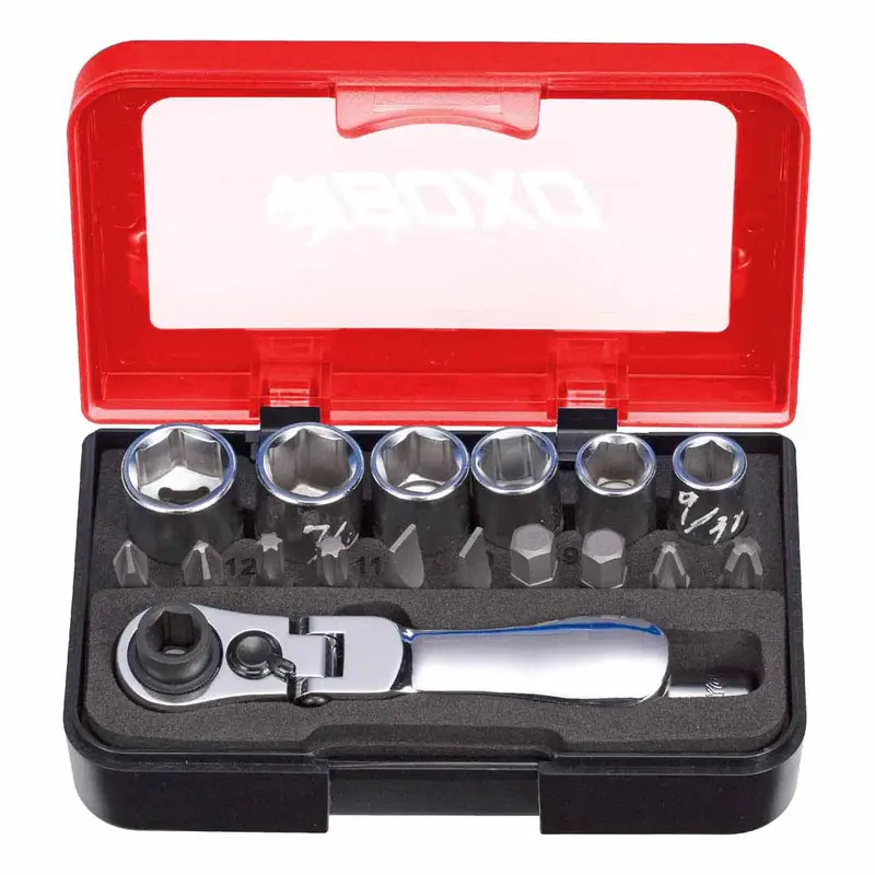 Boxo 18-Piece 1/4" Socket Kit With Dual-Mode Flex-Head Ratchet 1