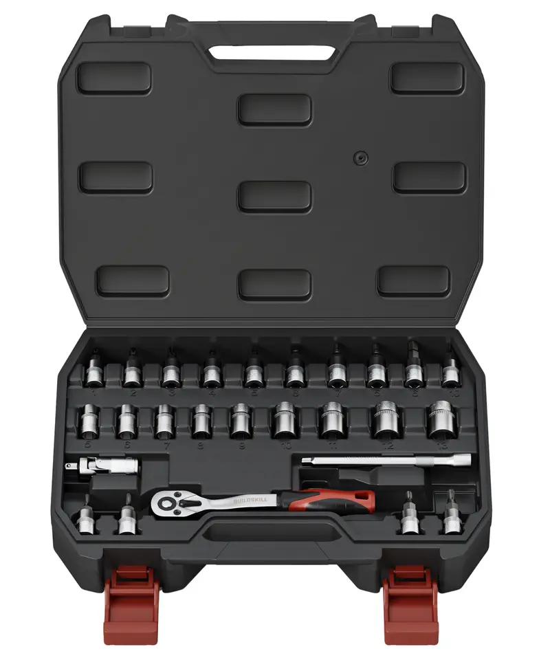 Buildskill 1/4" Compact Socket Set – 26-Piece Cr-V Kit With 4" Extension Bar, Bit Storage, Quick-Release Ratchet & Non-Slip Tpr Grip 1