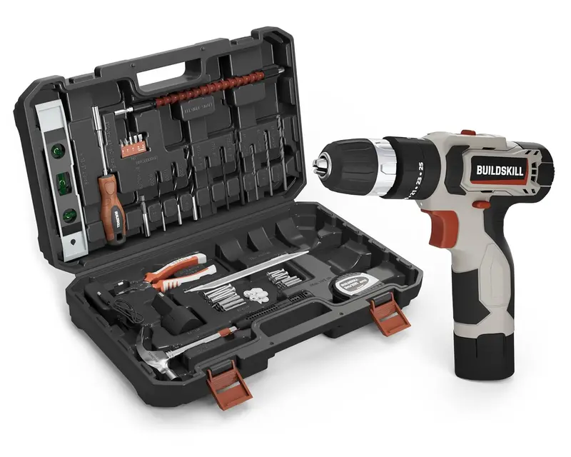 Buildskill 12V Cordless Drill Kit – 69-Piece Home Tool Set With 10Mm Keyless Chuck, Copper Motor, Measuring Tape, Cr-V Bits & Tpr Screwdriver 1