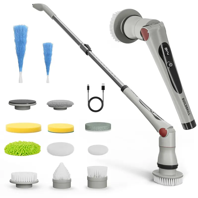 Buildskill 13-In-1 Advanced Electric Spin Scrubber – Ipx6 Rated, Led Interface, Triple Speeds, Quad-Angle Adjustment, Extendable Ss Handle, 2.5Ah Type-C Rechargeable 1