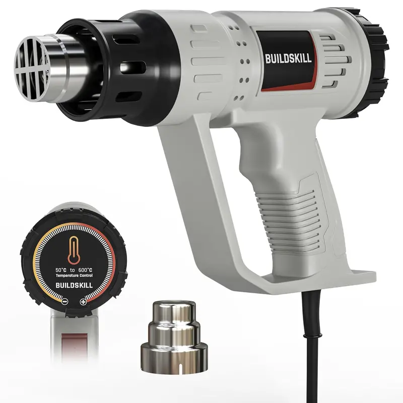 Buildskill 1900W Adjustable Heat Gun – 50°C–600°C Range, Copper Motor, Stainless Steel Nozzle, Grey Housing For Electronics, Paint Removal & Shrink Wrapping 1