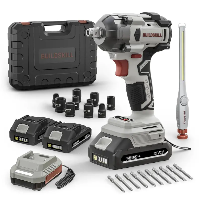 Buildskill 21V 1/2" Brushless Impact Wrench Kit – 400 Nm Torque, Dual 2.0Ah Batteries, 10 Sockets + 10 Screwdriver Bits, Led Light & Fast Charging 1