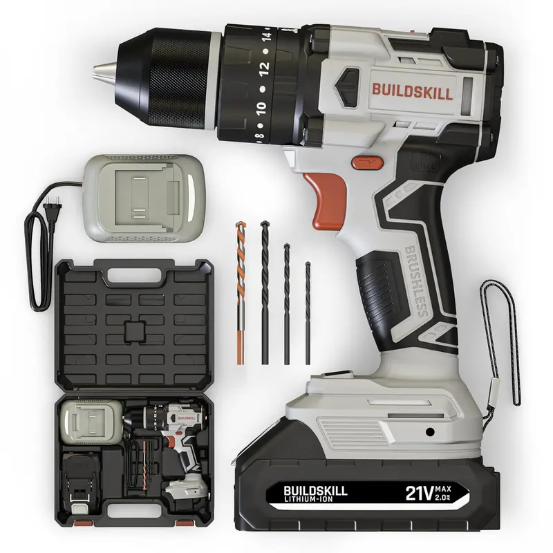 Buildskill 21V Bldc Cordless Drill Driver – Dual-Gear Transmission (400/1400 Rpm), 10Mm Keyless Chuck, 1.5Ah Battery, Led Light, Forward/Reverse & Impact Mode 1