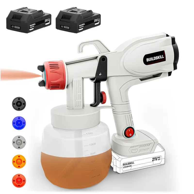 Buildskill 21V Cordless Paint Sprayer – Dual 1.5Ah Batteries, 1200Ml Tank, 44,000 Rpm Motor, 5 Nozzles, Heat Sink, 3 Spray Patterns 1