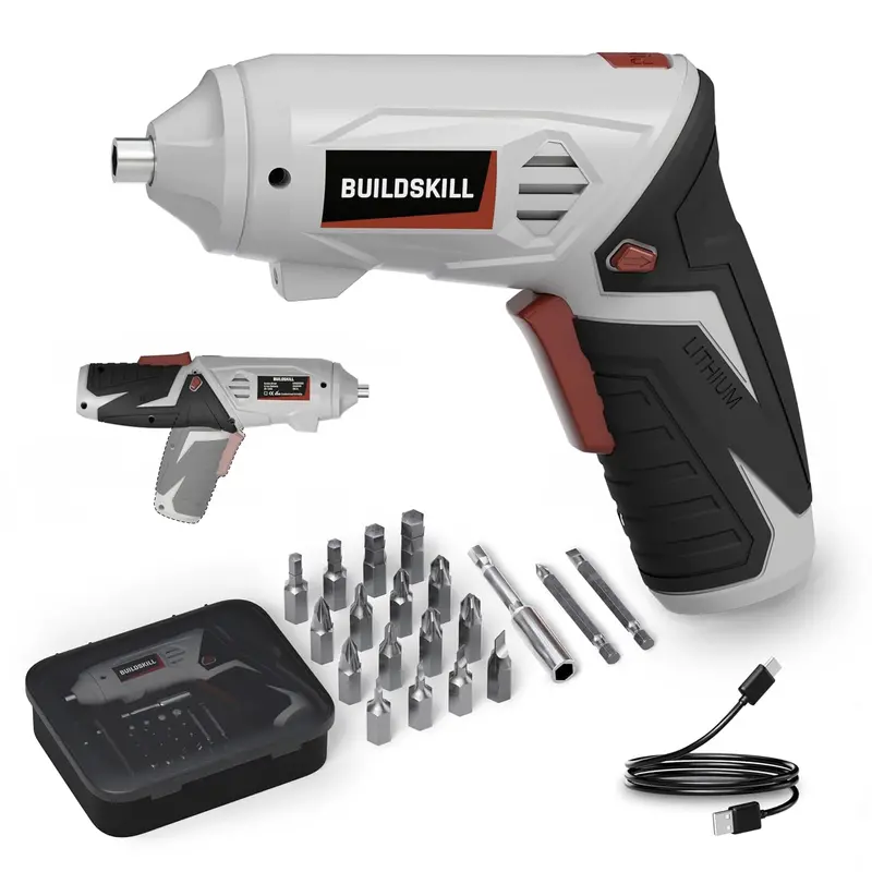Buildskill 4V Cordless Screwdriver Kit – 19-Piece Set, 4 N·M Torque, 250 Rpm, Magnetic Chuck, 1.5Ah Battery, Led Light, Type-C Charging & Dual-Position Handle 1