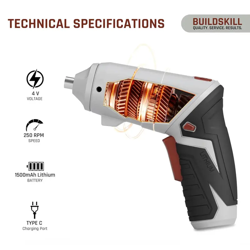 Buildskill 4V Cordless Screwdriver Kit – 19-Piece Set, 4 N·M Torque, 250 Rpm, Magnetic Chuck, 1.5Ah Battery, Led Light, Type-C Charging & Dual-Position Handle 2