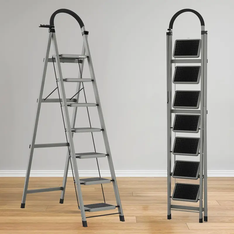 Buildskill 7-Step Foldable Home Ladder – D-Shaped Heavy-Duty Frame, Integrated Tool Tray, 20X30Cm Platform, Non-Slip Feet, 150 Kg Capacity, 5-Year Warranty 1