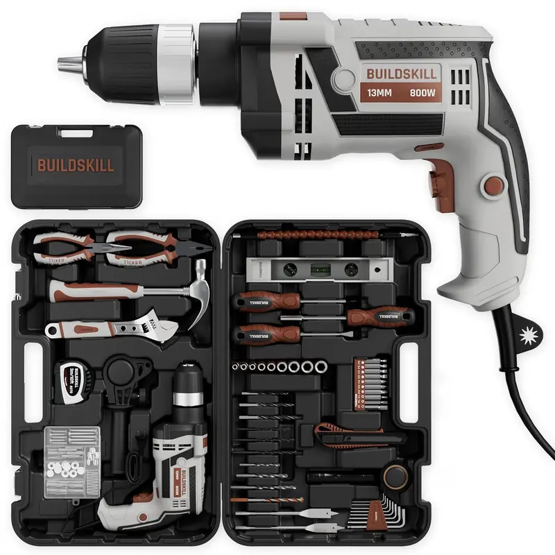 Buildskill 800W Professional Drill Kit – 163-Piece Set, 3300 Rpm, 48,000 Bpm, 13Mm Keyless Chuck, Forward/Reverse, Copper Motor & Wall-Drilling Bits 1