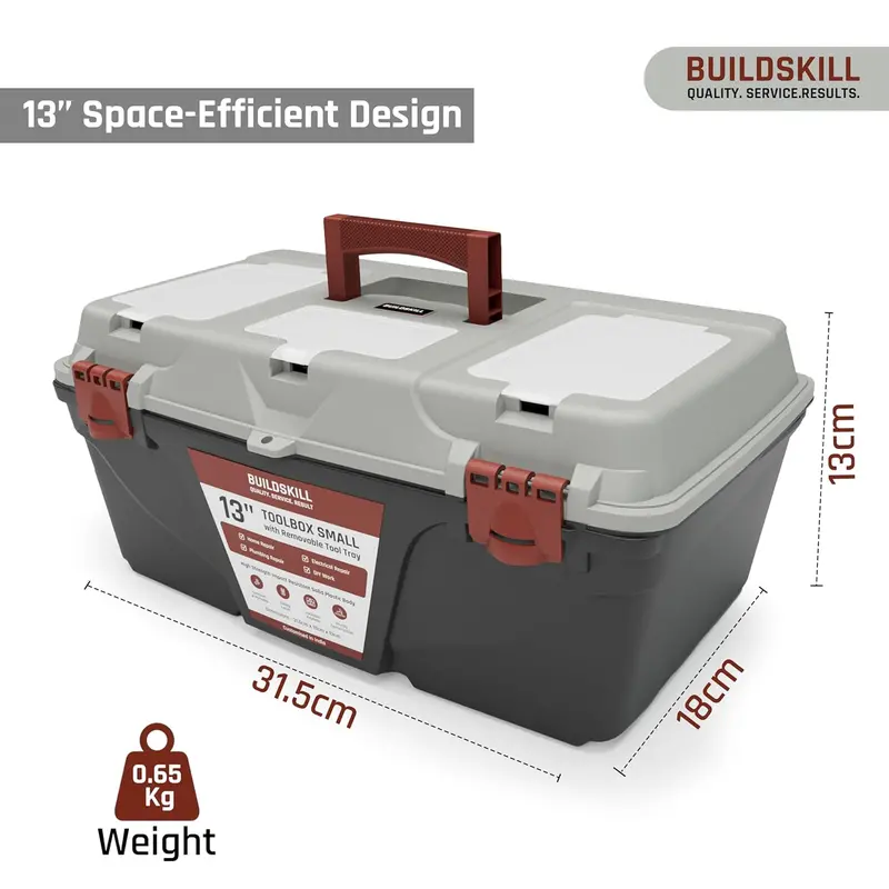 Buildskill Compact 13-Inch Tool Box – Impact-Resistant Abs Body, Top-Hinged Lid, Removable Organizer Tray, Key-Lock Security & Rugged Tpr-Lined Handle 1