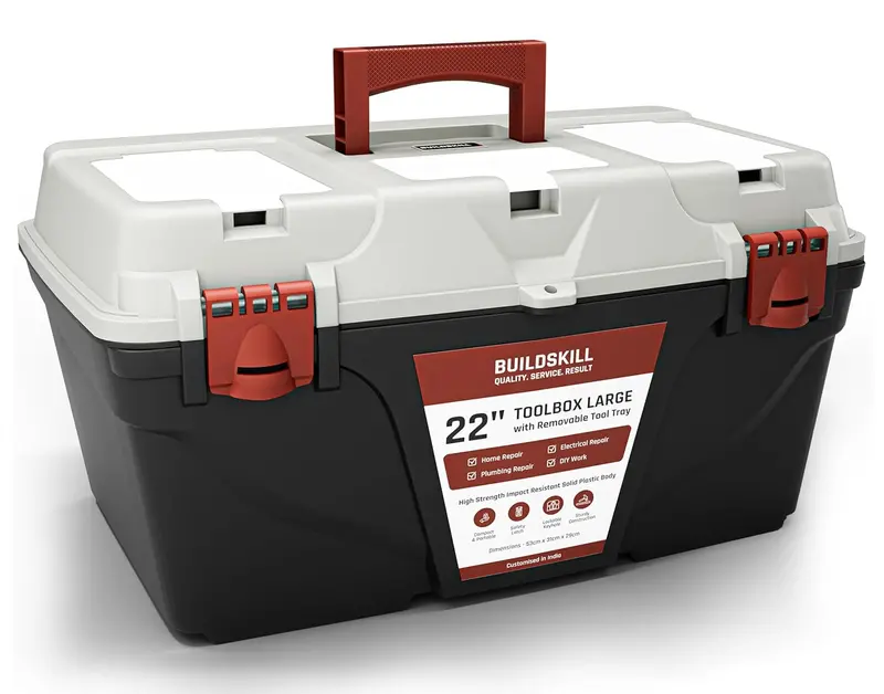 Buildskill Large 22-Inch Tool Box – Heavy-Duty Impact-Resistant Design, Wide Top Lid, Detachable Interior Tray, Reinforced Latch & Key-Operated Lock 1