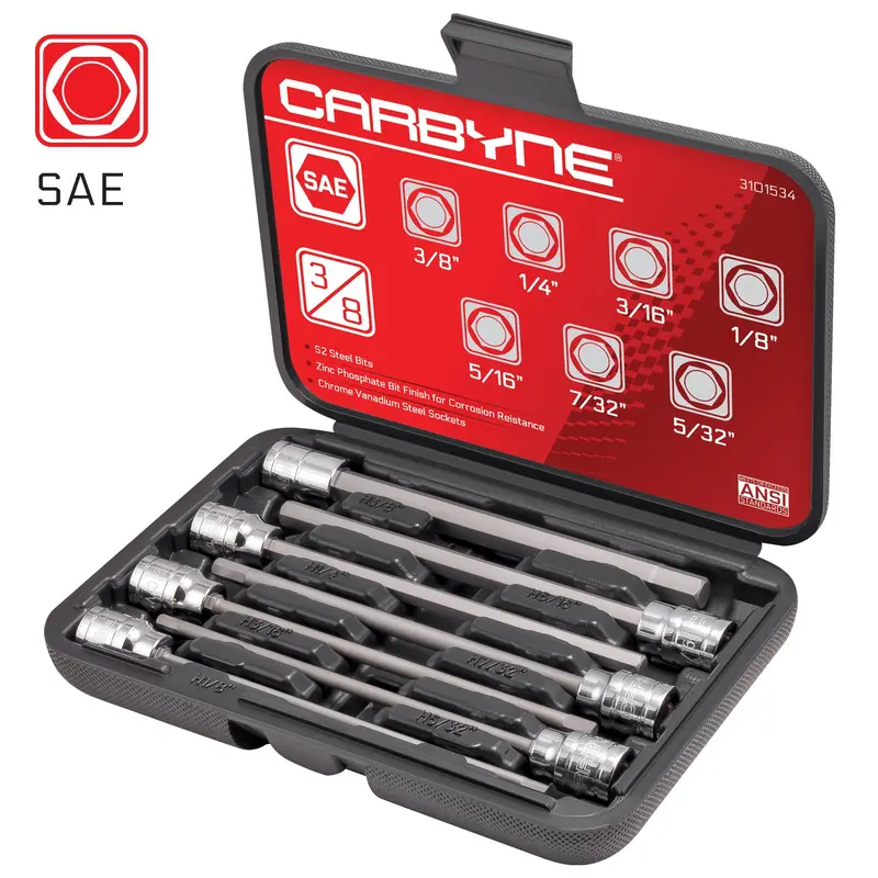 Carbyne 7-Piece Extra-Long Hex Bit Socket Set – Sae Allen Sizes From 1/8" To 3/8" 1