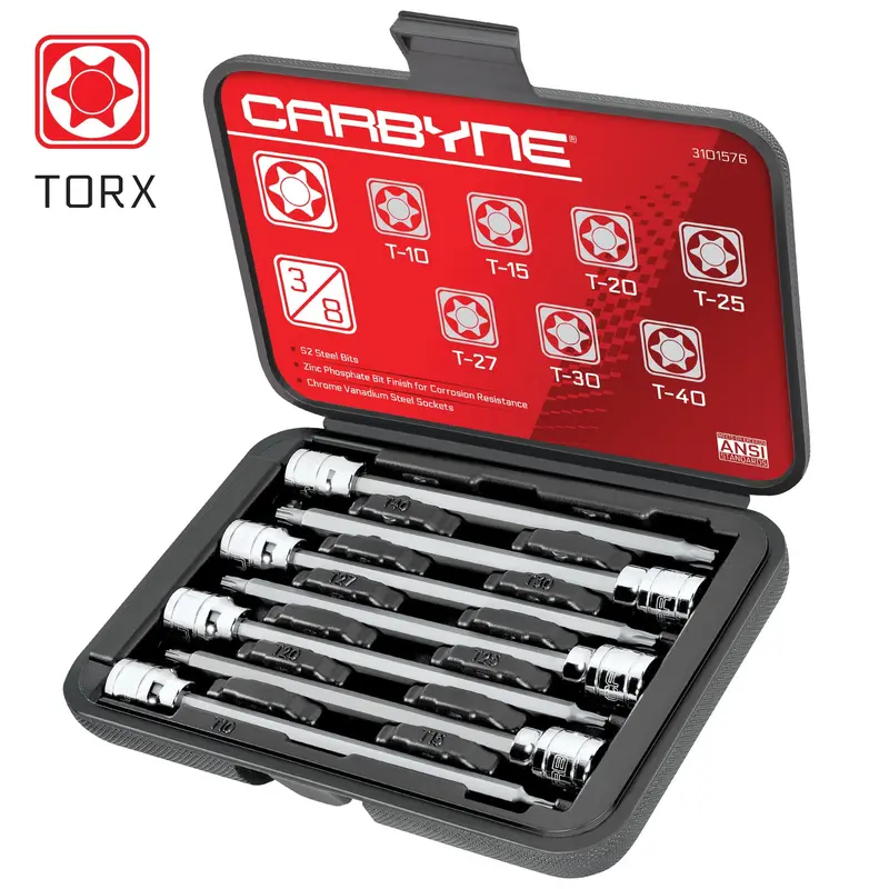 Carbyne 7-Piece Extra-Long Torx Bit Socket Set — T10–T40, S2 Steel, 3/8" Drive 1