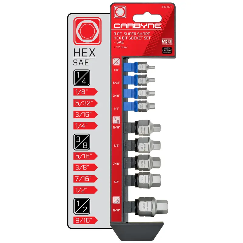 Carbyne 9-Piece Low-Profile Sae Hex Bit Socket Set — Stubby Allen Style, 1/8"–9/16" 1
