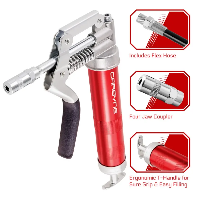 Carbyne Compact Pistol-Grip Mini Grease Gun – 3000 Psi, Anodized Aluminum Barrel, 12" Flex Hose + 4" Rigid Extension 1