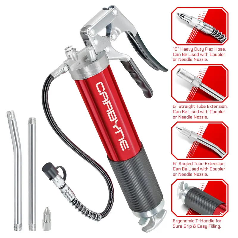 Carbyne High-Pressure Pistol-Grip Grease Gun – 7500 Psi, Anodized Aluminum Barrel, 18" Hd Flex Hose + Dual-Tube Extensions, 3-Way Loading 1