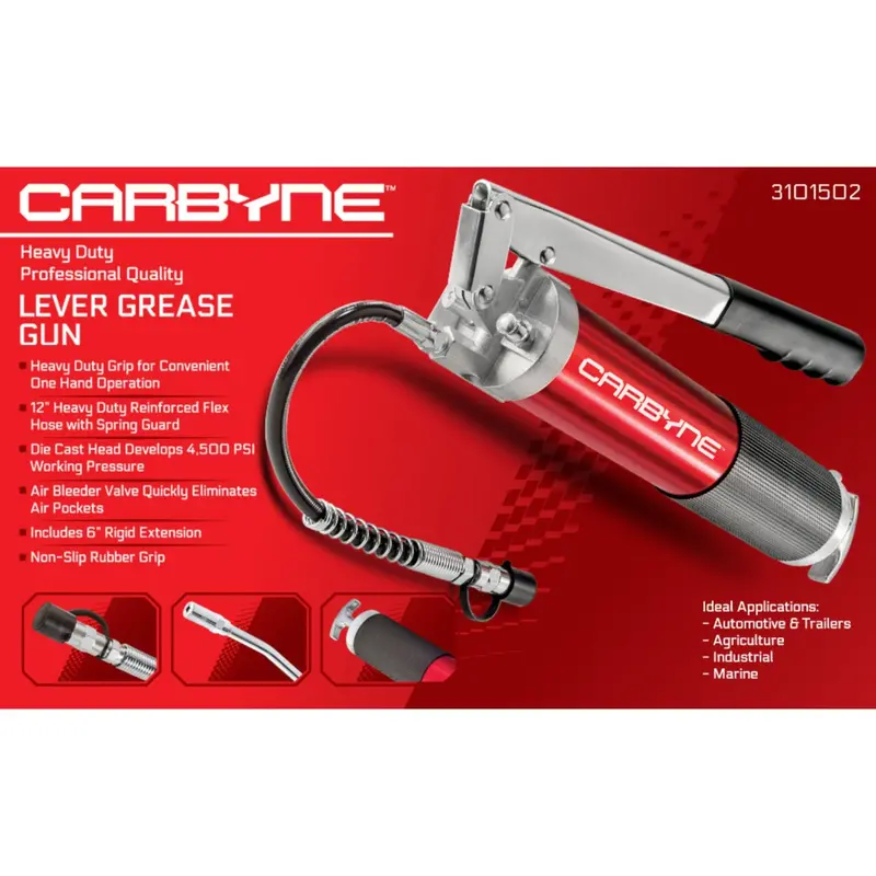 Carbyne Lever-Handle Grease Gun – 4500 Psi, Anodized Aluminum Barrel, 12" Flex Hose + 6" Rigid Extension, 3-Way Loading 1