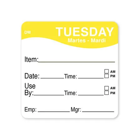 Daymark 1100532 Dissolvable 'Tuesday' Food Label – 2X2 Inch, 250 Per Roll 1