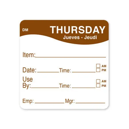Daymark 1100534 Dissolvable 'Thursday' Food Label – 2X2 Inch, 250 Per Roll 1