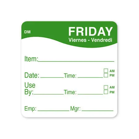 Daymark 1100535 Dissolvable 'Friday' Food Label – 2X2 Inch, 250 Per Roll 1