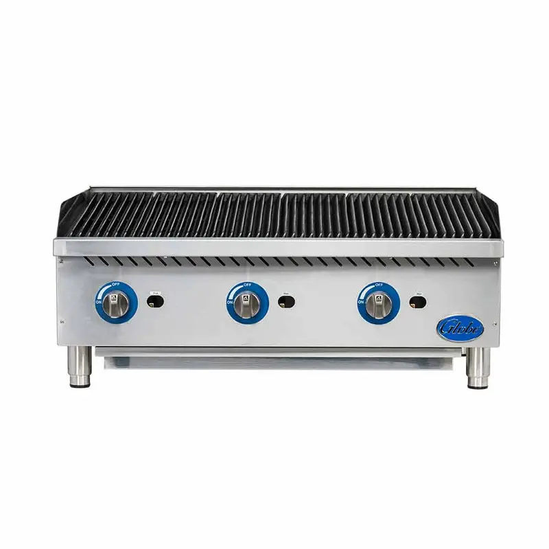 Globe 36-Inch Gas Countertop Charbroiler Featuring Radiant Heating And Three Burners 1