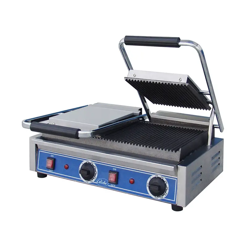 Globe Gpgdue10 Double-Sided Cast Iron Panini Grill With Grooved Plates 1