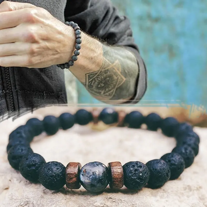 Natural Stone Men’S Bracelet – Moonstone, Lava Rock & Tibetan Buddha Bead Chakra Jewelry 1