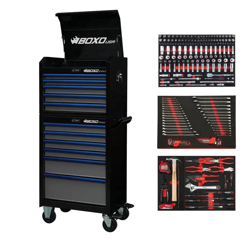 Pro Series 26-Inch 11-Drawer Rolling Tool Cabinet With 222-Piece Master Tool Set – Black & Blue 1
